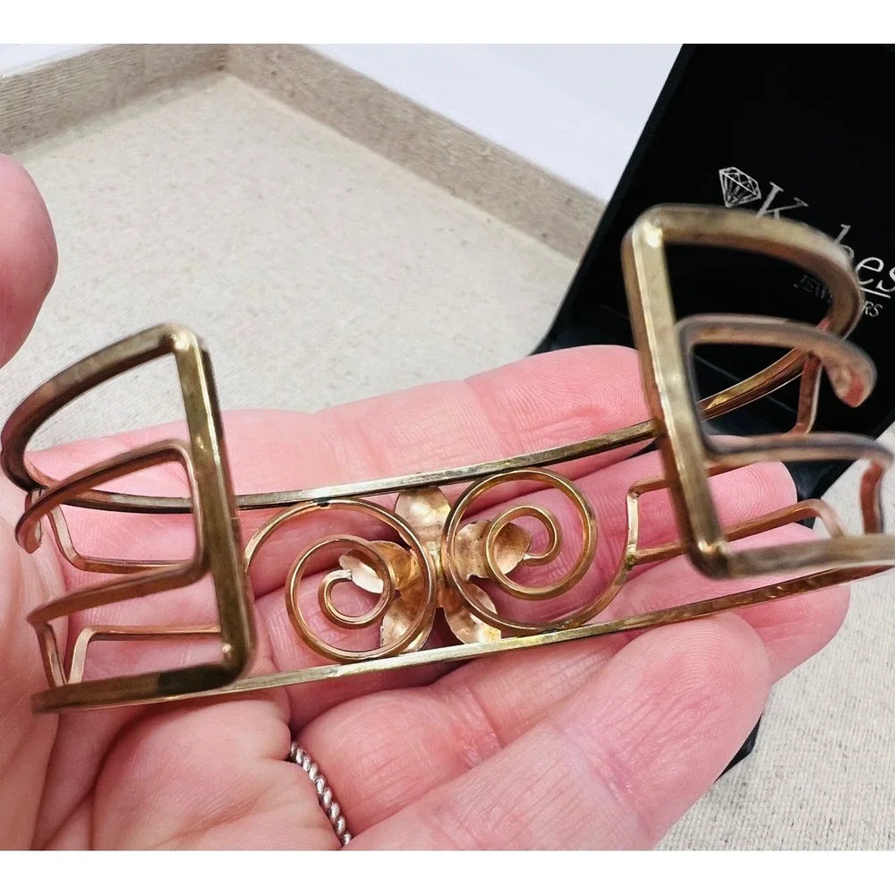 Vintage Krementz Rose Yellow Gold Overlay Flower Filigree Cuff Bracelet
